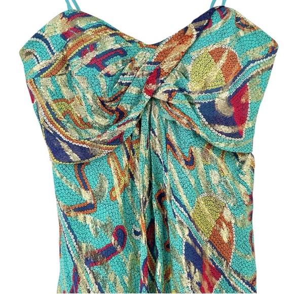 Nicole Miller Teal & Gold Embellished Silk Formal Evening Dress - Picture 3 of 8